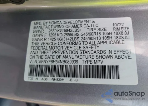 2022 Honda Pilot Awd Ex-L z USA, uszkodzony, nr VIN 5FNYF6H54NB089939